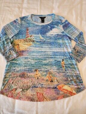 Ali Miles Large Multicolor Abstract Seaside Crinkle 3/4 Sleeve Knit Tunic Top